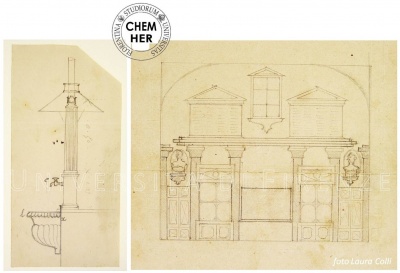 Disegni di Schiff per la parete frontale dell'aula e per il lavandino