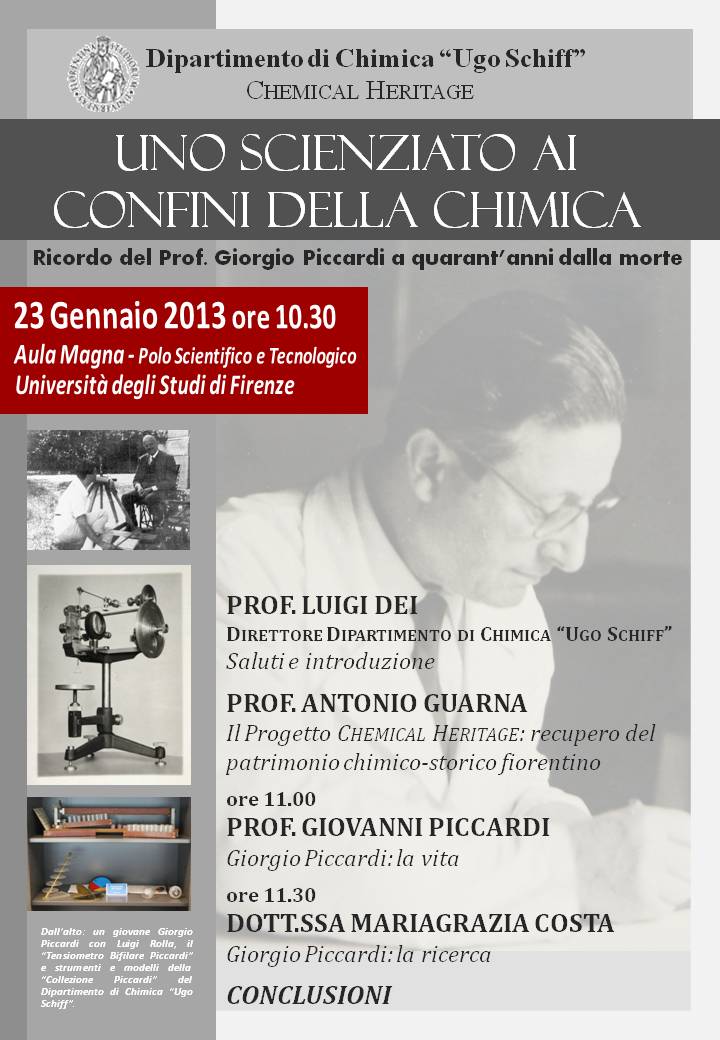 Locandina dell'evento in ricordo del Prof. Giorgio Piccardi, a quarant'anni dalla morte